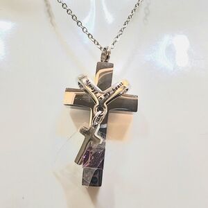 Stainless Steel Urn Cross Pendant Necklace With Amethyst Color Stone